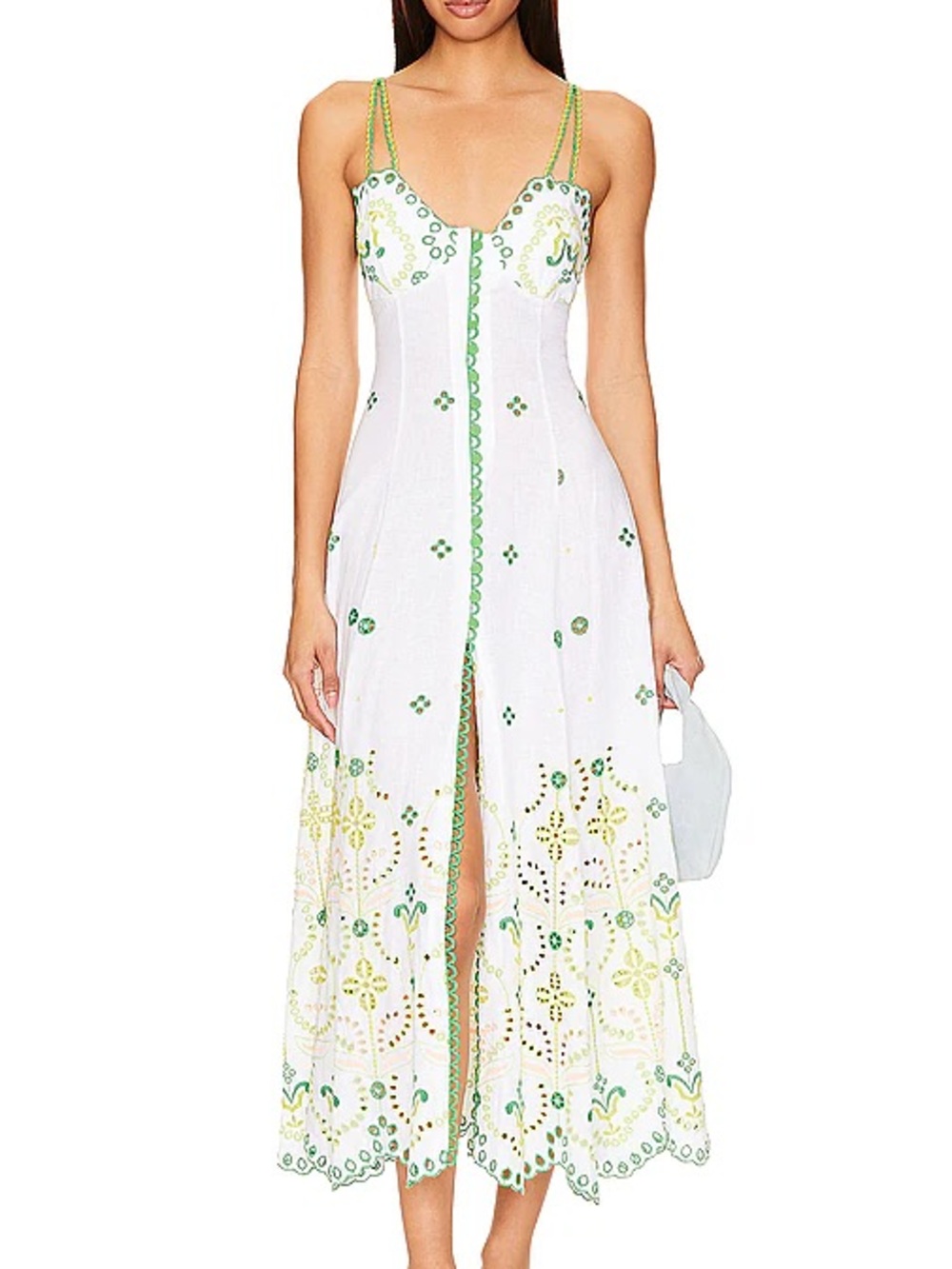 Charo Ruiz White Midi Dress with Green and Yellow Embroidery XS